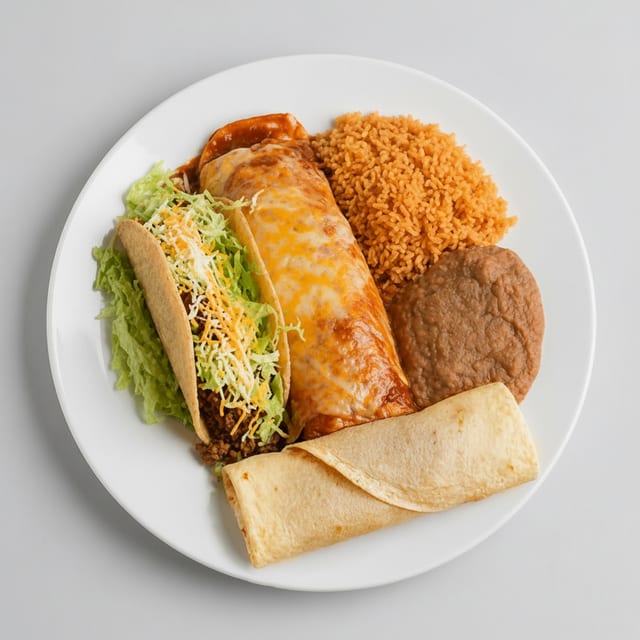 Beef Taco, Cheese Enchilada, & Chicken Burrito.