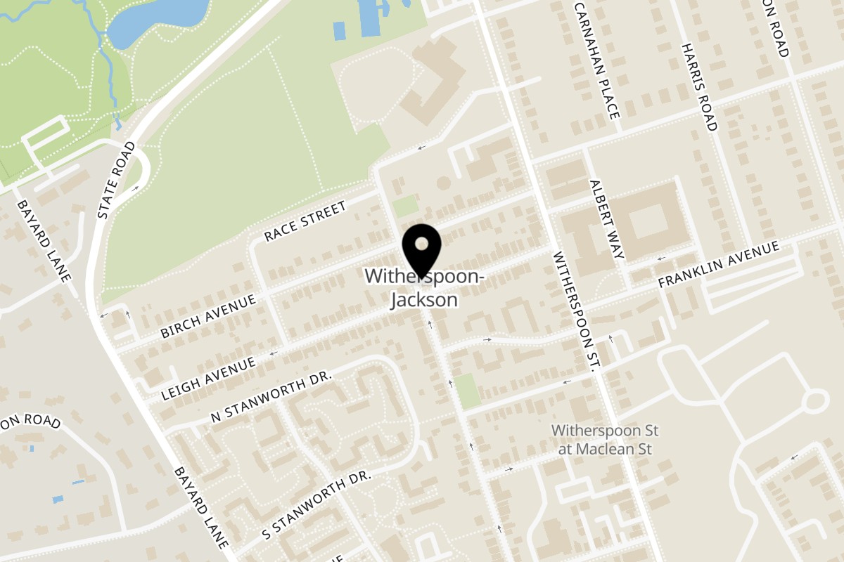 Map showing the location of Tortuga’s Mexican Village on 41 Leigh Ave in Princeton